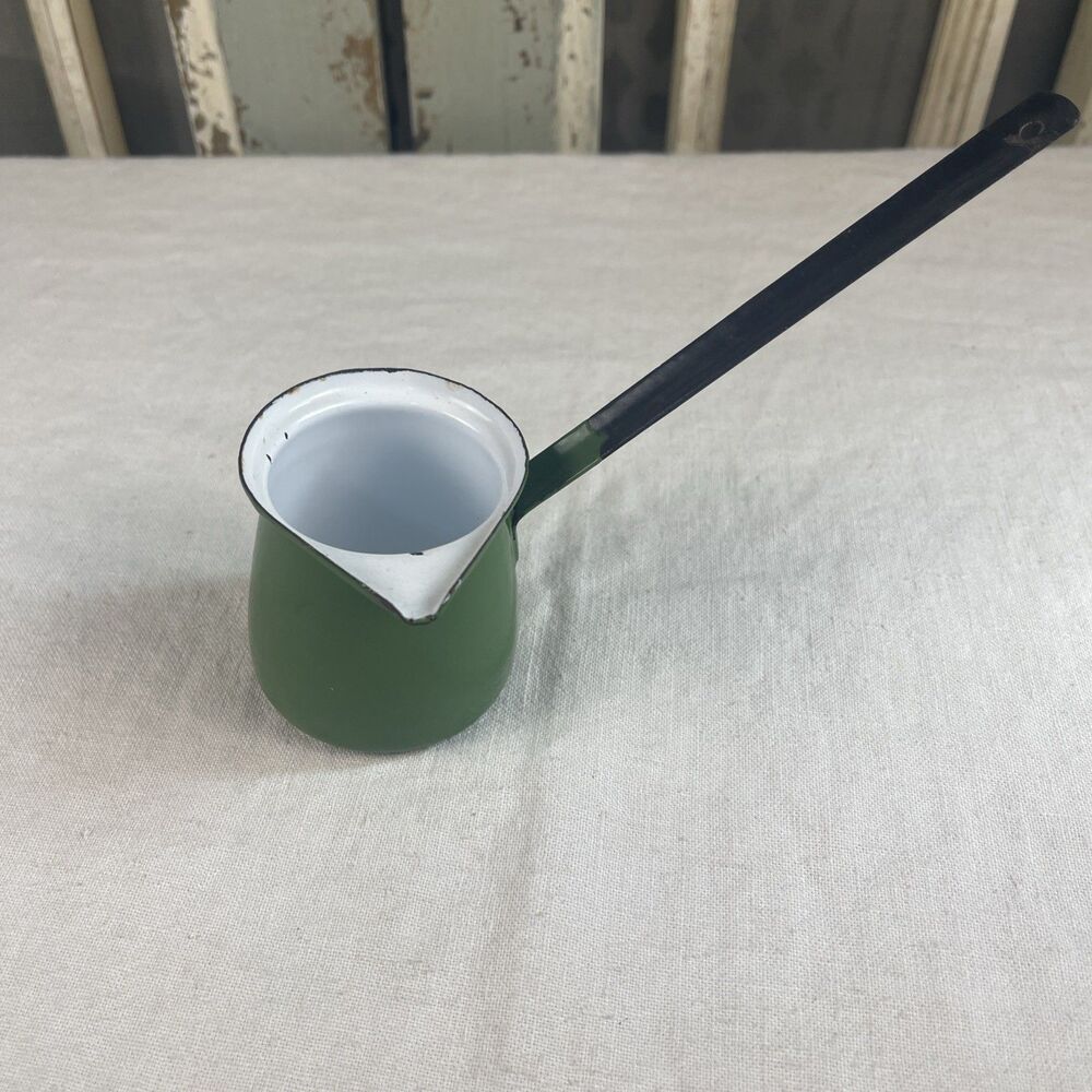 Vintage Green Enamel Turkish Coffee Pot Cezve Ibrik Butter Warmer Long Handle